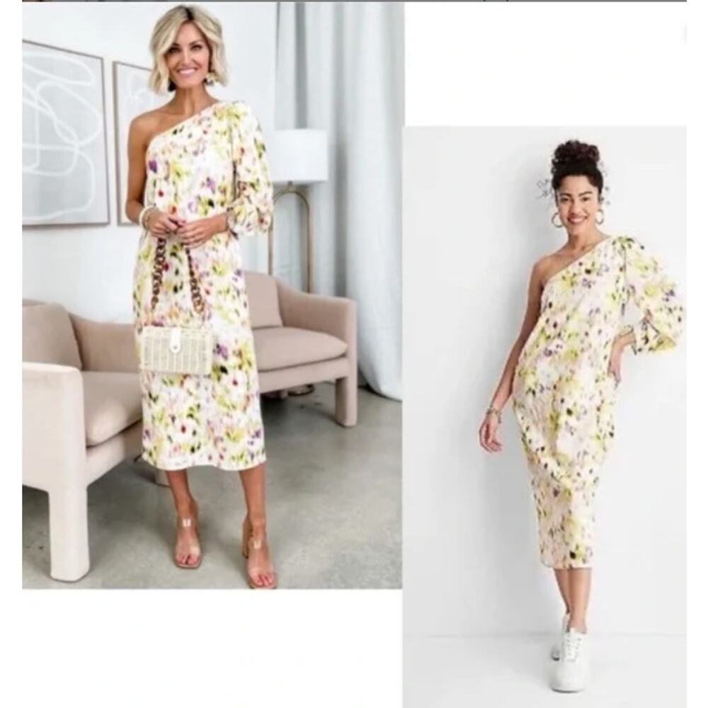 Future Collective x Target One Shoulder Linen Blend Midi Dress L Abstract Pastel